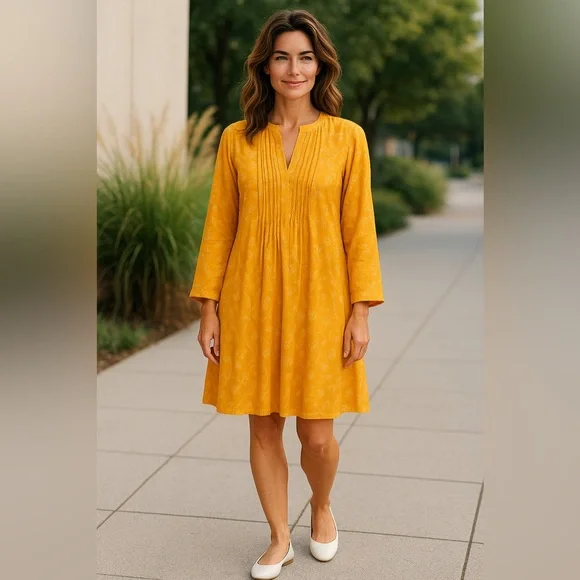 Old Navy Mustard Yellow Floral Long Sleeve Pintuck Dress Size Medium NWT - Picture 2 of 4